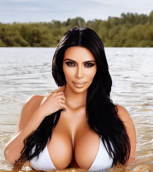 Image similar to professional photo of kim kardashian wearing a hooters uniform, laying by a lake, intricate, elegant, highly detailed, smooth, sharp focus.