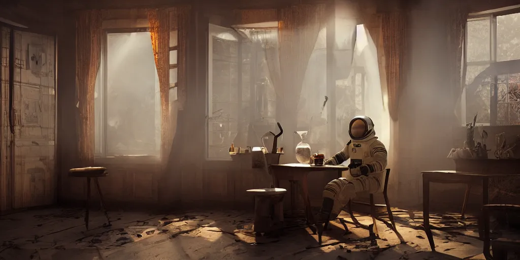 Prompt: a single cosmonaut in a spacesuit drinks a steaming cup of tea at an old wooden desk in a richly decorated indian house. the autumn light comes in through a window and dimly illuminates the room, diffuse light, octane render, 4k, matte painting