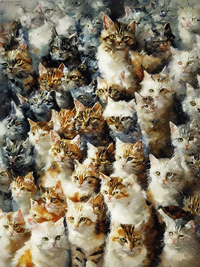 Prompt: army of cats, tabby, ginger, militant, amazing impressionistic oil painting by alexi zaitsev, melinda matyas, denis sarazhin, karl Spitzweg, intricate details, high quality, visible brush strokes, award winning, sharp focus, cool white