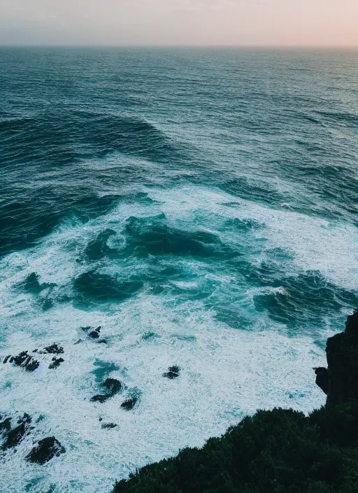 Image similar to a view of the ocean from a cliff, a tilt shift photo by liam wong, unsplash, naturalism, cinematic view, terragen, shot on 7 0 mm