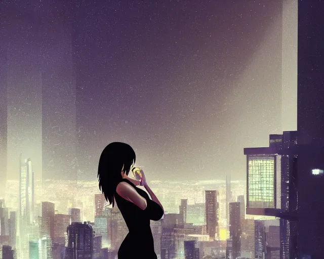 Image similar to back of young woman wearing a stylish black minidress looking through a penthouse window at a panoramic view of a cyberpunk city at night, dark sky, bokeh lights, anime, ilya kuvshinov, guweiz, artstation trending, concept art, digital painting, cinematic, extreme detail, expansive