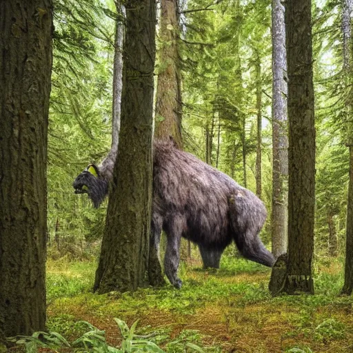 Image similar to large creature in the woods, hiding behind trees.