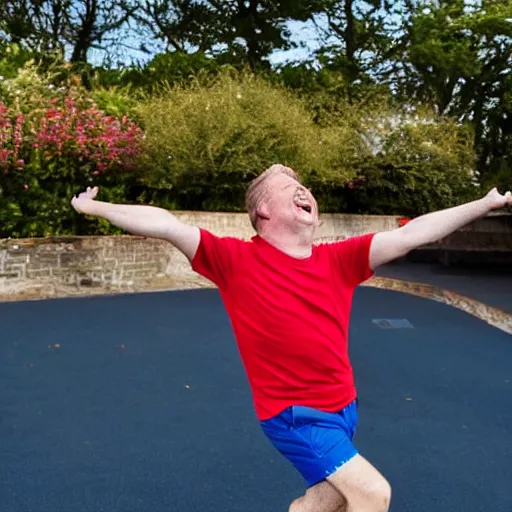 Image similar to a happy english irish middle aged man with brown moptop hair and red cheeks is wearing a blue tshirt and shorts. he dances with his arms excitedly like a chicken in his kitchen
