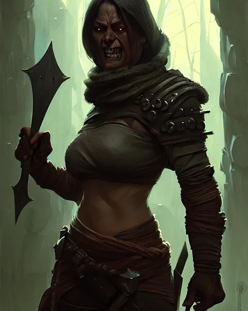 Image similar to a female orc rogue | | realistic shaded, dungeon and dragons, fine details, realistic shaded lighting poster by greg rutkowski, magali villeneuve, artgerm, jeremy lipkin and michael garmash and rob rey