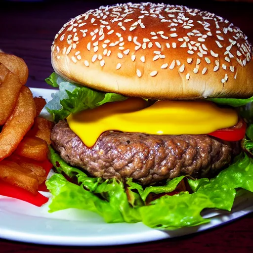 Prompt: a photo of a cheeseburger in a swamp