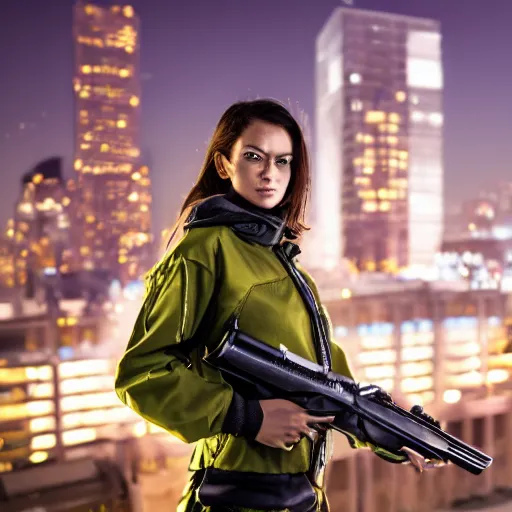 Image similar to photographic portrait of a techwear woman holding a shotgun, closeup, on the rooftop of a futuristic city at night, sigma 85mm f/1.4, 4k, depth of field, high resolution, 4k, 8k, hd, full color, Die Hard, movies with guns, movie firearms