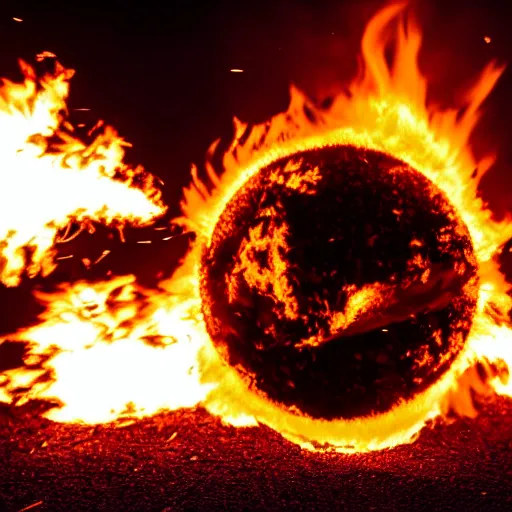 Image similar to red hot burning sphere embedded in fireball explosion with fire, 4 k