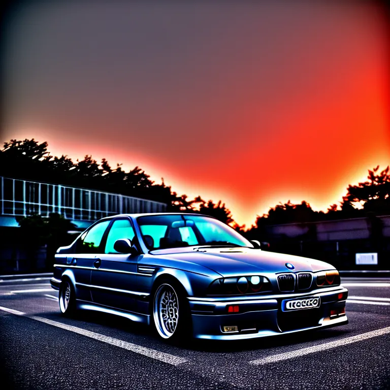 Image similar to close-up-photo BMW E36M middle of street, sunset kanagawa prefecture, night, cinematic color, photorealistic, highly detailed,