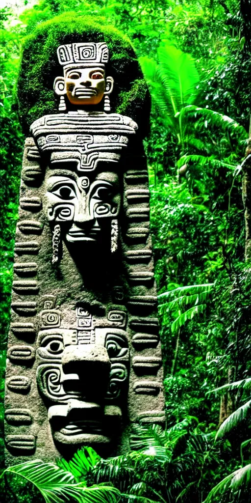 Prompt: a mayan god overlooking his subjects in the jungle,