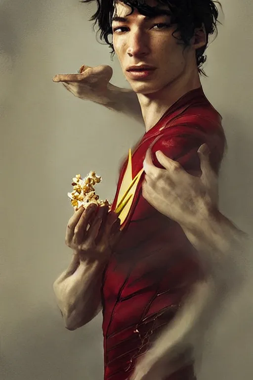 Image similar to ezra miller as flash eating popcorn, ethereal fantasy art by greg rutkowski