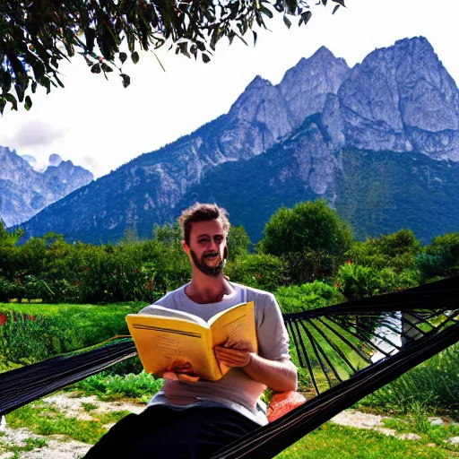 Image similar to my italian wise friend on a hammock, reading the book about love, mountains in a background