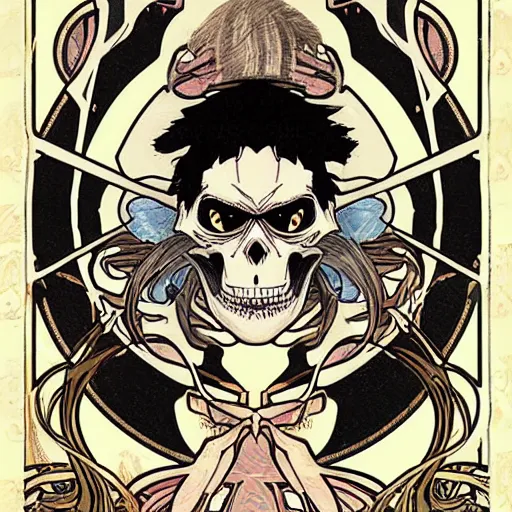 Image similar to anime manga skull portrait ape monkey animal disney cartoon skeleton illustration style by Alphonse Mucha pop art nouveau