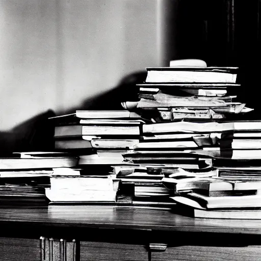 Prompt: a pile of books on a bedside table, citizen kane ( 1 9 4 1 )