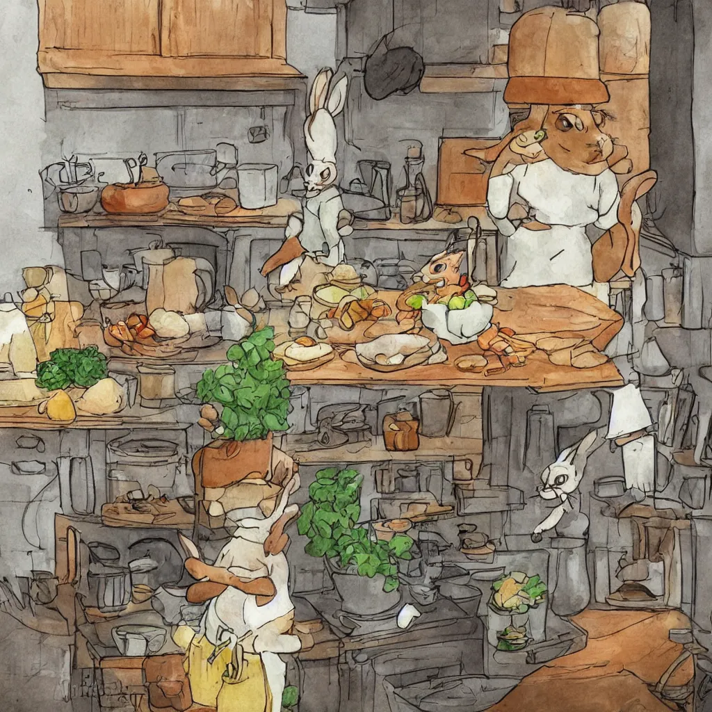 Image similar to a rabbit cooking in a french cozy kitchen in the style of studio ghibli