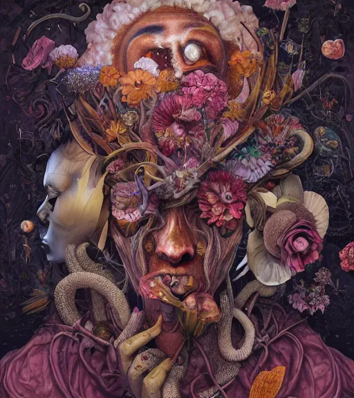 Prompt: portrait, nightmare anomalies, flower by dariusz zawadzki, kenneth blom, mental alchemy, james jean, pablo amaringo, naudline pierre, contemporary art, hyper detailed