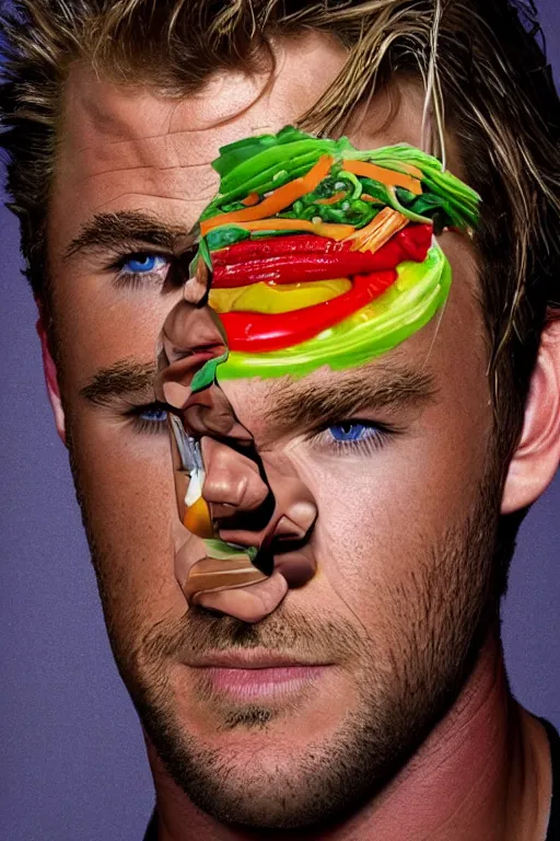 Prompt: 📷 chris hemsworth, chris hams worth, made of food, head portrait, dynamic lighting, 4 k