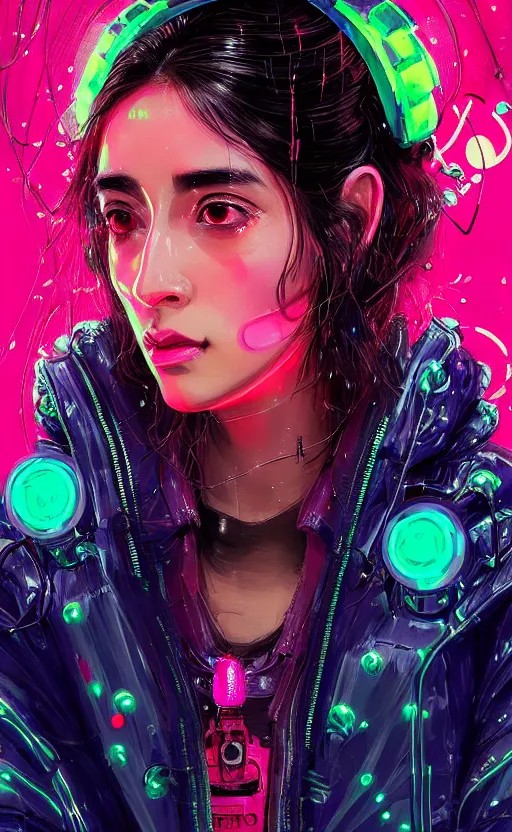 Prompt: detailed portrait petite portuguese brunette woman with sleepy eyes and thick lip Neon Operator girl, cyberpunk futuristic neon, reflective puffy coat, decorated with traditional Japanese ornaments by Ismail inceoglu dragan bibin hans thoma !dream detailed portrait Neon Operator Girl, cyberpunk futuristic neon, reflective puffy coat, decorated with traditional Japanese ornaments by Ismail inceoglu dragan bibin hans thoma greg rutkowski Alexandros Pyromallis Nekro Rene Maritte Illustrated, Perfect face, fine details, realistic shaded, fine-face, pretty face