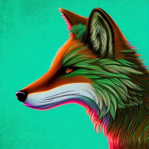 Prompt: digital greenest fox, retrowave palette, digital world, highly detailed, electric breeze, anatomically correct vulpine, synth feel, fluffy face, ear floof, flowing fur, super realism, accurate animal imagery, 4 k digital art