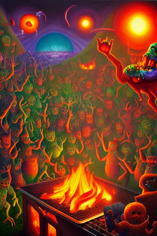 Image similar to a photorealistic painting of an isometric nightmare at the bbq horror by johfra bosschart, lisa frank, dark fantasy art, high detail, trending on artstation