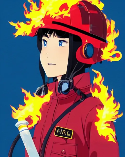 Image similar to fireman, cool pose, fire jacket, helmet, covered in beautiful flames!!! | | very very anime!!!, beautiful fine - face, audrey plaza, realistic shaded perfect face, fine details. anime. realistic shaded lighting poster by ilya kuvshinov katsuhiro otomo ghost - in - the - shell, magali villeneuve, artgerm