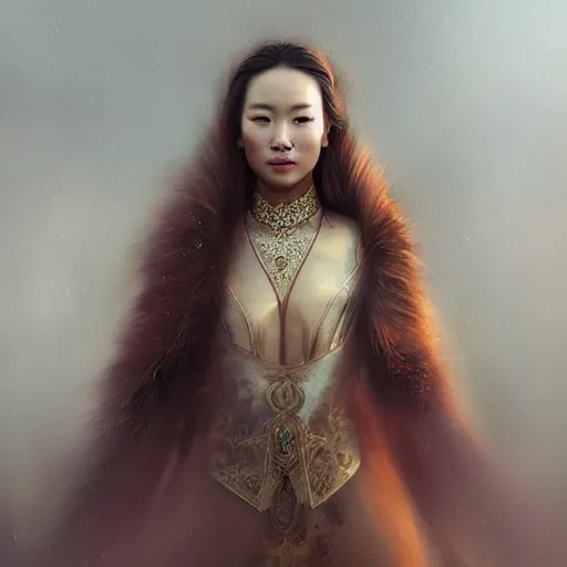 Image similar to beautiful elegant mongolian princess royalty portrait in sensual pose, face centered portrait, confident, fog, volumetric lighting, beautiful, golden hour, sharp focus, ultra detailed, conceptartworld by leesha hannigan, ross tran, thierry doizon, kai carpenter, ignacio fernandez rios