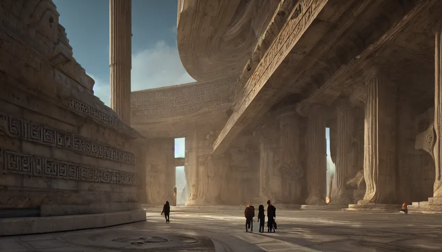 Prompt: the inside of a monument with greek motifs, by tim blandin and arthur haas and bruce pennington and john schoenherr, big windows architecture by zaha hadid, octane render, cinematic, scenery, cgsociety, modernism, futuristic, trending on artstation, sci - fi, high detail, high quality, close up angle, people walking