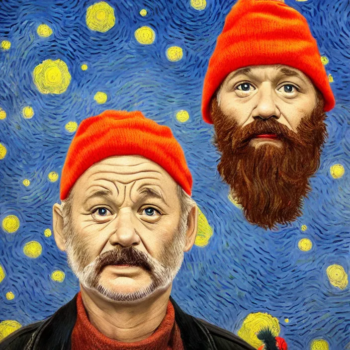 Image similar to portrait of bill murray as steve zissou, painting in the style of Wes Anderson. intricate artwork. by Van Gogh. octane render, trending on artstation, greg rutkowski very coherent symmetrical artwork. cinematic, high detail, octane render, 8k, iridescent accents