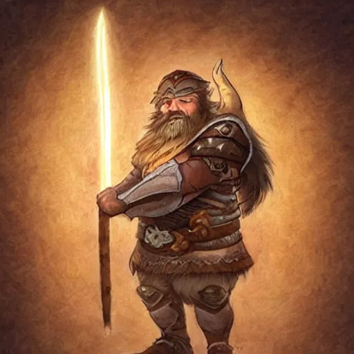 Image similar to fantasy dwarf on an epic quest holding a baguette. epic fantasy drawing. epic lighting.