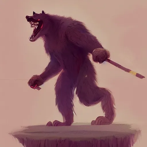 Prompt: cute handsome cuddly werewolf using a wooden club character concept art masterpiece digital art by Greg Rutkowski, Simon Stalenhag, trending on Artstation, CGSociety