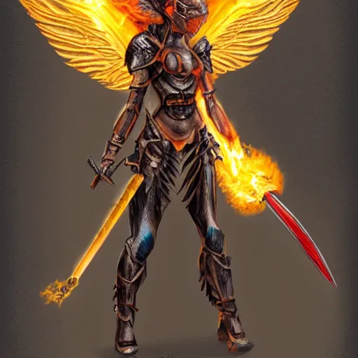 Prompt: a female winged gargoyle woman with a flaming sword, plate armor, fantasy, concept drawing