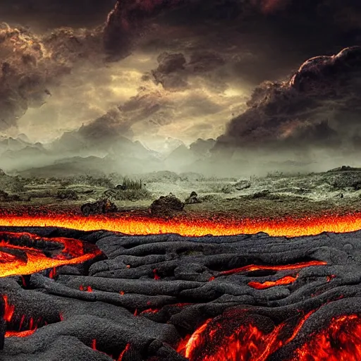 Image similar to wide open landscape in hell, river styx, lava, ruins, fortresses, dark sky, hellscape, digital art