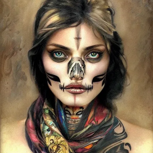 Image similar to photorealistic painting of a female tattooed face with a scarf, gangster, realistic eyes, symmetric face, beautiful bone structure, dark blonde long hair, painting by gaston bussiere