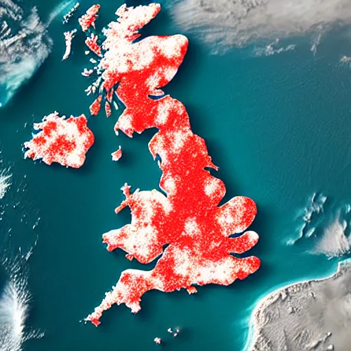 Prompt: map of the uk from space after climate change has destroyed the planet