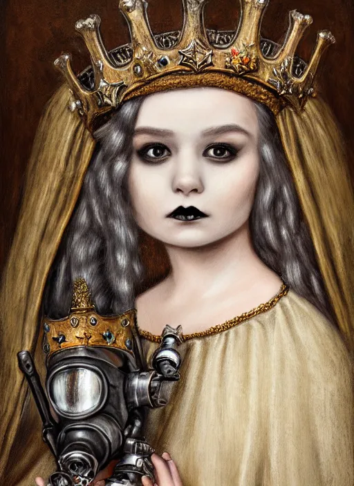 Prompt: highly detailed closeup portrait of a goth medieval princess wearing a crown and a gas mask sitting on a throne, nicoletta ceccoli, mark ryden, lostfish, global illumination, god rays, detailed and intricate environment