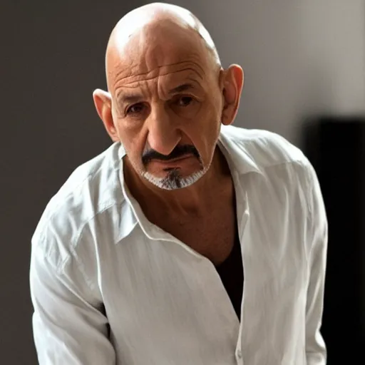 Image similar to ben kingsley with long straight grey hair and white shirt