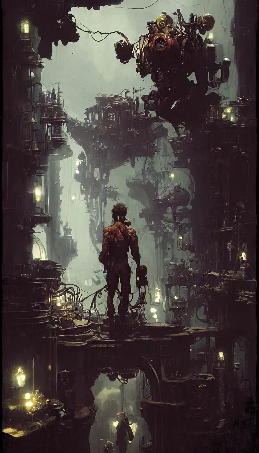 Image similar to hyper realistic photographer looking through camera towards viewer, magical, steampunk, hell boy, painted by mike mignola, craig mullins, j. c. 8 k