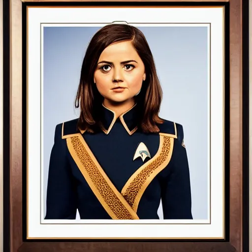 Image similar to a beautiful full body photograph of younger jenna coleman as a star fleet officer from star trek next generation, full dress uniform, symmetrical face, extreme realism and detail, 8 k, completely framed, direct lighting, 3 5 mm photo, photorealistic, sharp focus