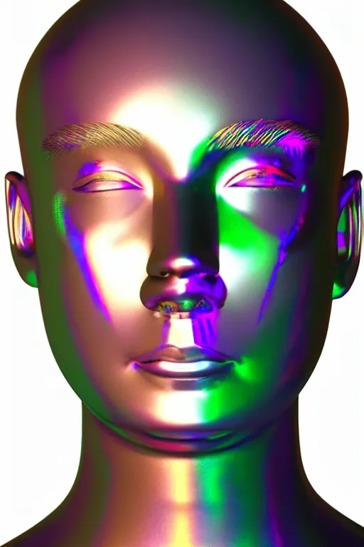 Image similar to 3d render of holographic human robotic bust made of glossy iridescent, bust, surrealistic 3d illustration of a human non-binary, non binary model, 3d model human, cryengine, made of holographic texture, holographic material, holographic rainbow, concept of cyborg and artificial intelligence