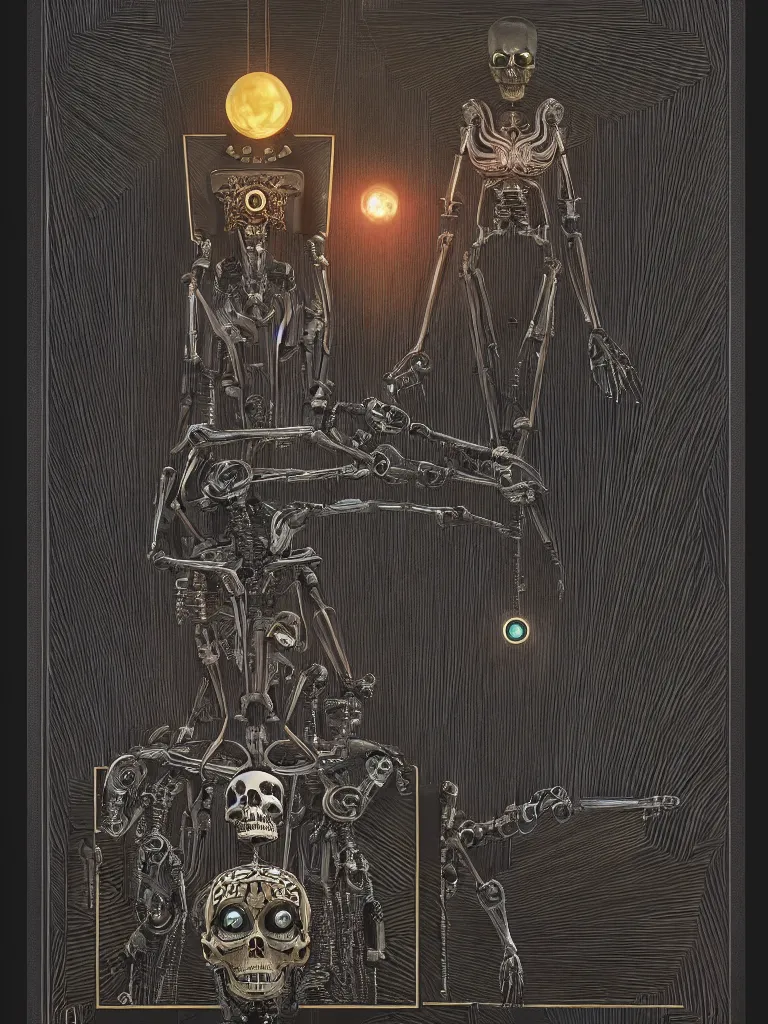 Prompt: the death tarot card as an I Robot, black paper with ornate border frame, by mario feng, ray tracing, master shot, octane render, 8k, ultra hd, perfect light