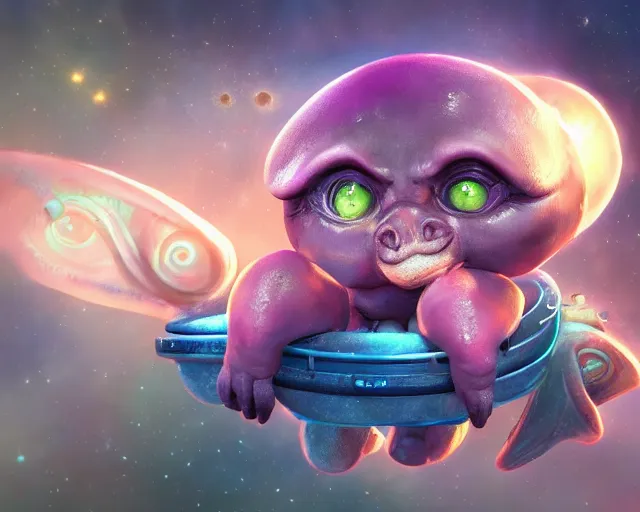 Image similar to 3D Fantasy Cute and adorable small alien piggy in space, huge adorable eyes, bright stars, Smooth 3D Illustration, soft render, Servando Lupini, Daniil Kudriavtsev, handpaint texture, Blender, 3DCoat