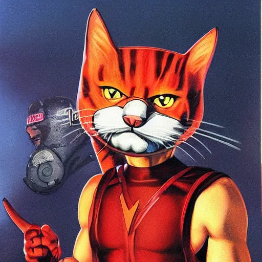 Image similar to catman on a highway, cat head, superhero body, rob liefeld, photorealism,