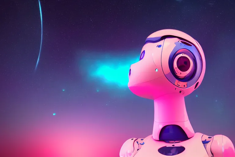 Image similar to a beautiful calm robot girl looking up to the stars, photograph, colorful background, render, 3 d, render, glows, neon, 8 k, 4 d,