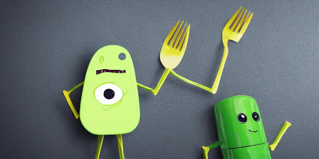 Image similar to cute little smiling avocado robot with cute eyes and forks instead of arms, logo style