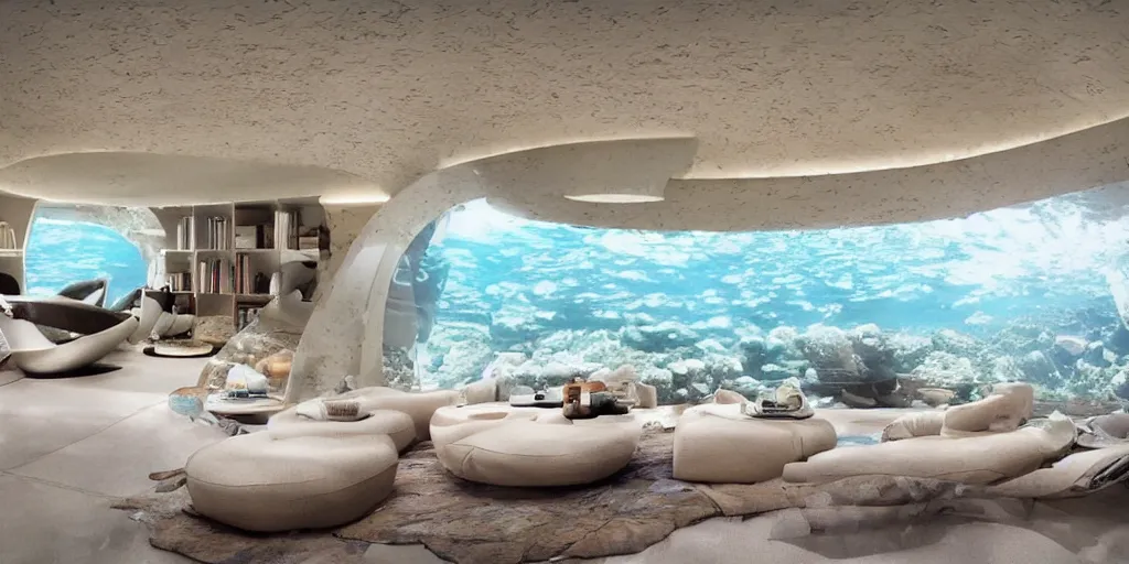 Prompt: home interior that is an underwater dome