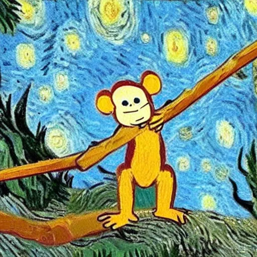 Image similar to monkey holding a stick, hitting a log, in the forest, in the style of Van Gogh