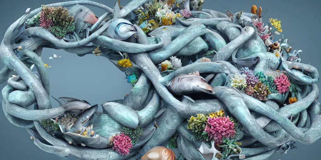 Prompt: a sculpture of ocean fish intertwined, a lovely cornucopia of flowers and human body parts, body parts, highly detailed, octane render, cinematic ， - h 7 6 8