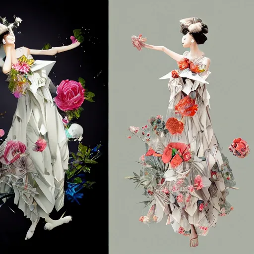 Prompt: 3 / 4 view of a beautiful girl wearing an origami dress, eye - level medium shot, fine floral ornaments in cloth and hair, hummingbirds, elegant, by eiko ishioka, givenchy, albrecht durer, by peter mohrbacher, centered, fresh colors, origami, fashion, detailed illustration, vogue, japanese, reallusion character creator