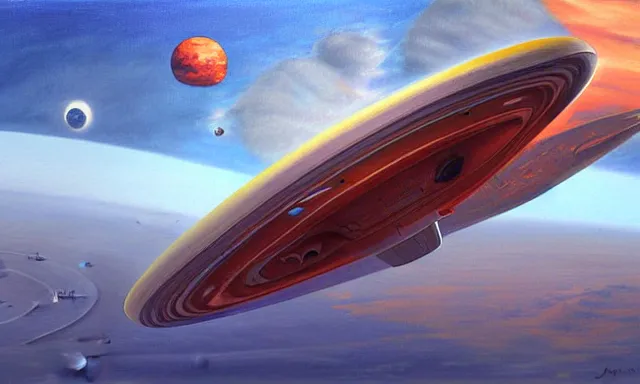 Image similar to a realistic painting of a spaceship in the orbit of mars by john jude palencar