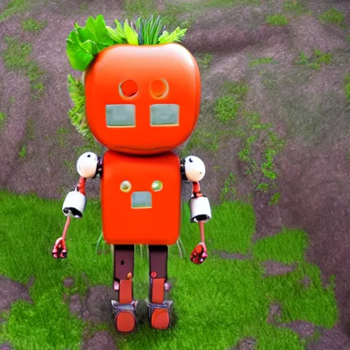 Image similar to cute little robot made of vegetables, tomato head and a carrot sword, made in abyss style standing on a forest