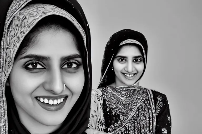 Image similar to still photo of a beautiful pakistani woman smiling at the camera on the street, black and white color aesthetic, highly detailed, photorealistic portrait, bright studio setting, studio lighting, crisp quality and light reflections, unreal engine 5 quality render